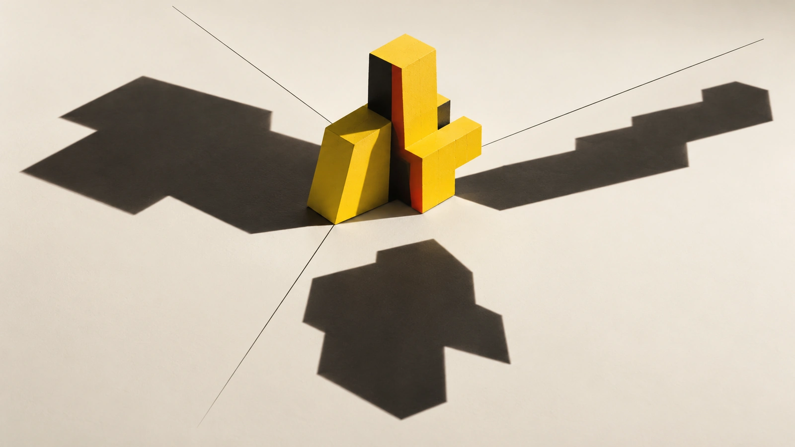 One geometric object casts three different shadows, showing how perspective changes value.